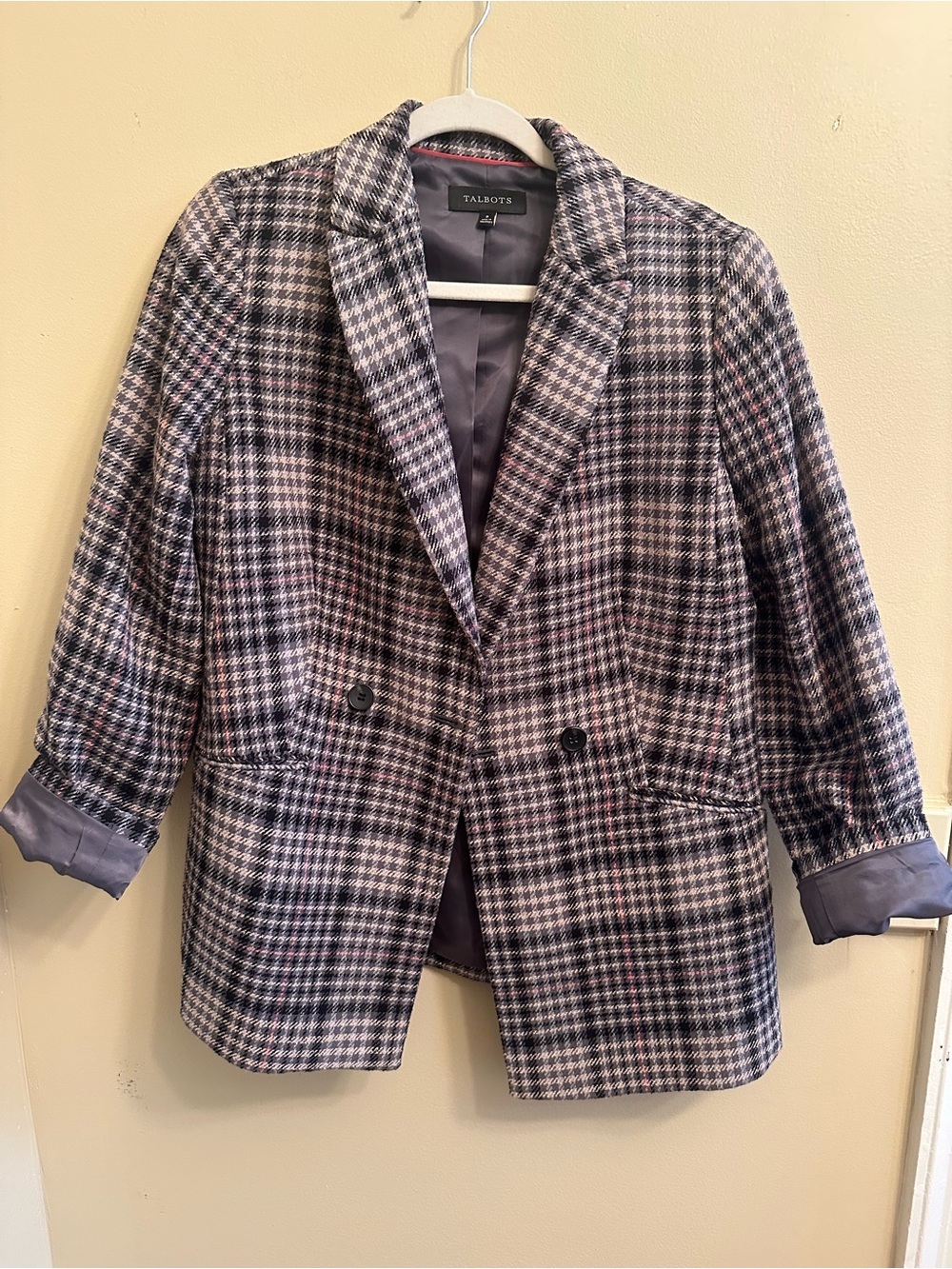 Talbots Women's Oversized Plaid Preppy Blazer in Sage, Black and Pink Size 8 - Picture 2 of 12